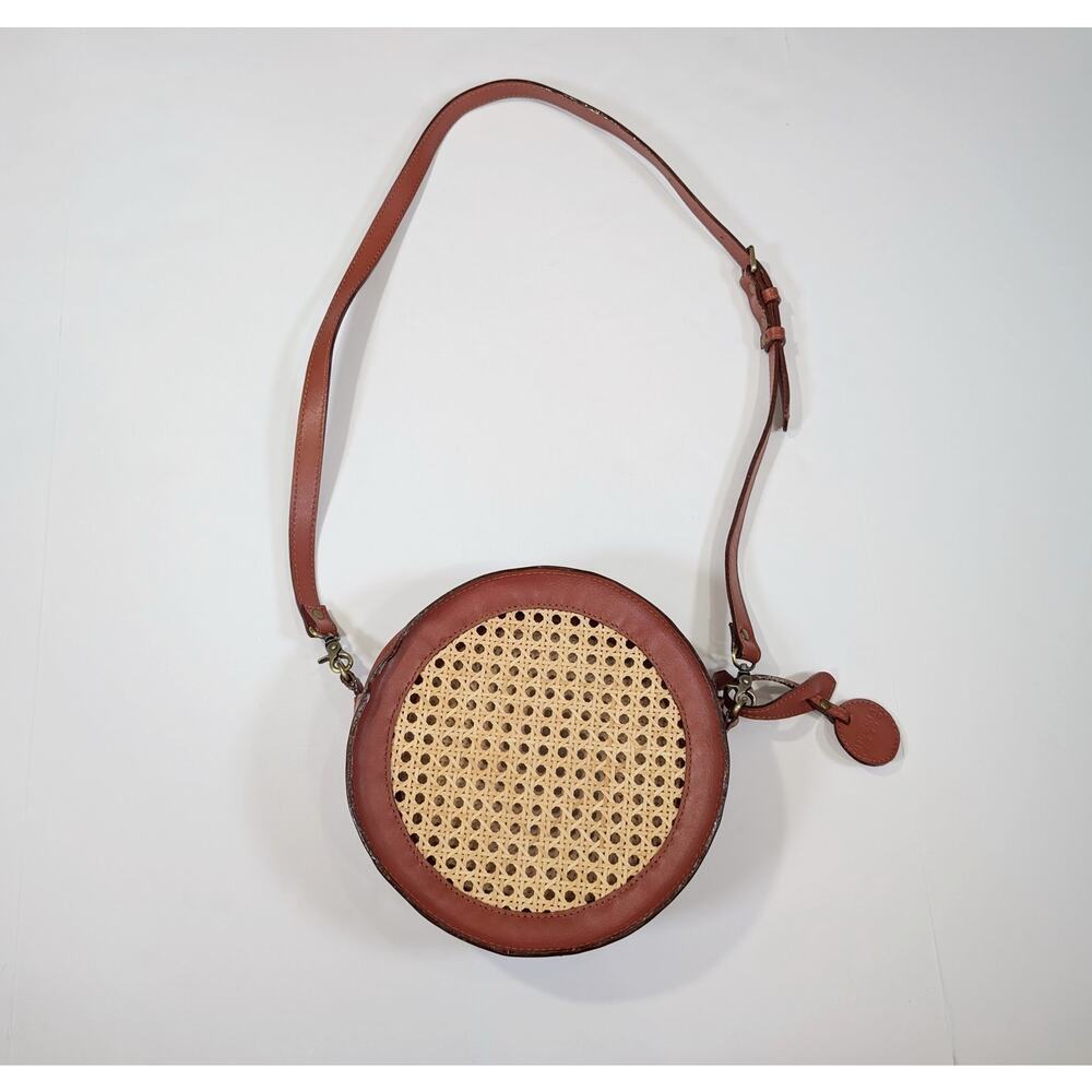 Miuccia Studio Purse Brown Faux Leather Tan Rattan Round Crossbody Bag